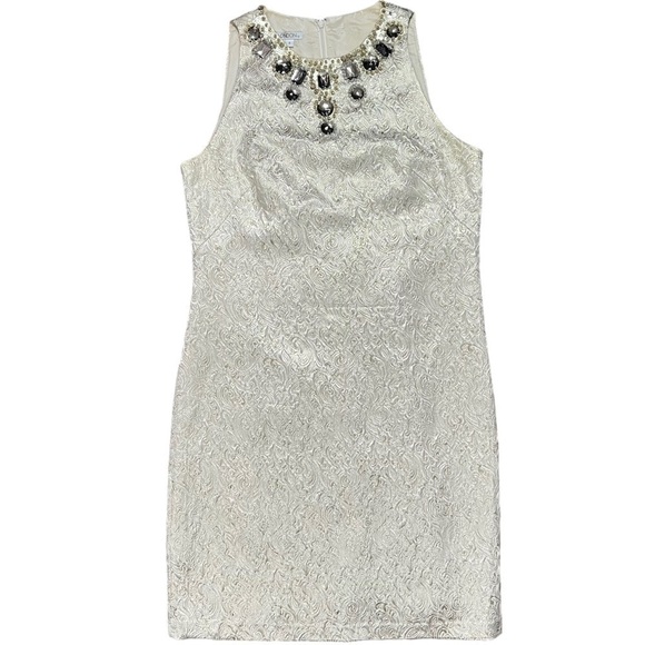 Maggy London Metallic Gold and Cream Jacquard Weave Embellished Shift Dress sz 6 - Picture 3 of 15